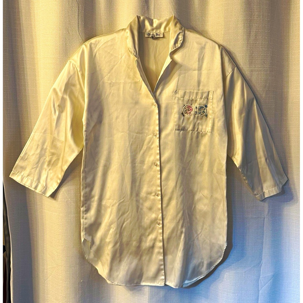 Vintage Christian Dior Saks Nightshirt Small White Satin Embroidered Logo USA⁠